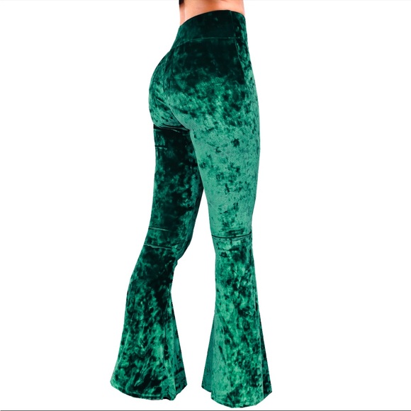 Green crushed velvet bell bottom pants - Picture 6 of 7